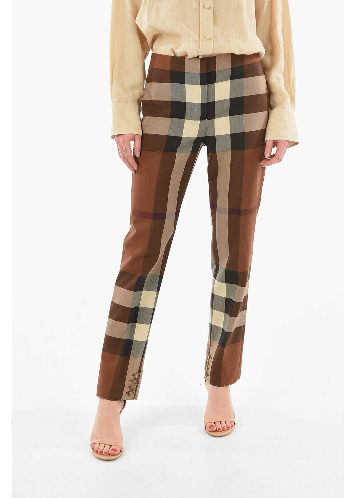 Burberry Wool Aimie Tailored Pants With Iconic Tartan Motif Brown