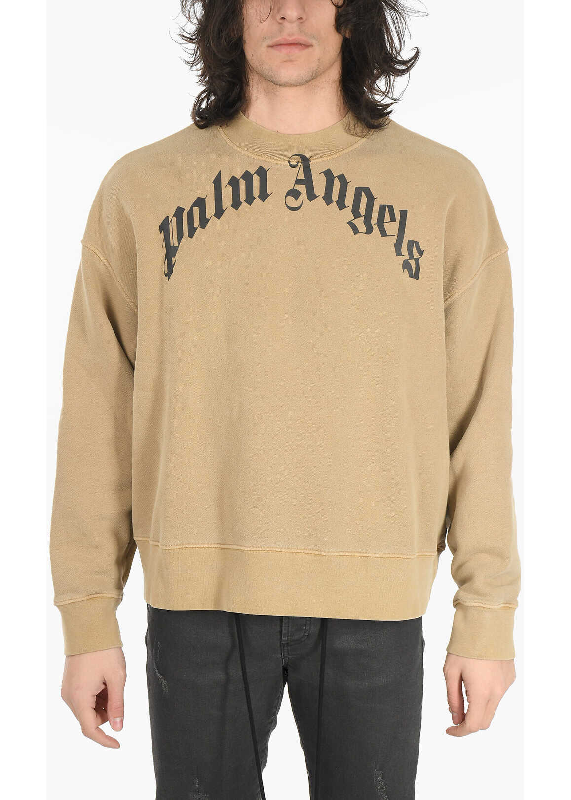 Palm Angels Crew Neck Curved Logo Brushed Cotton Sweatshirt Beige