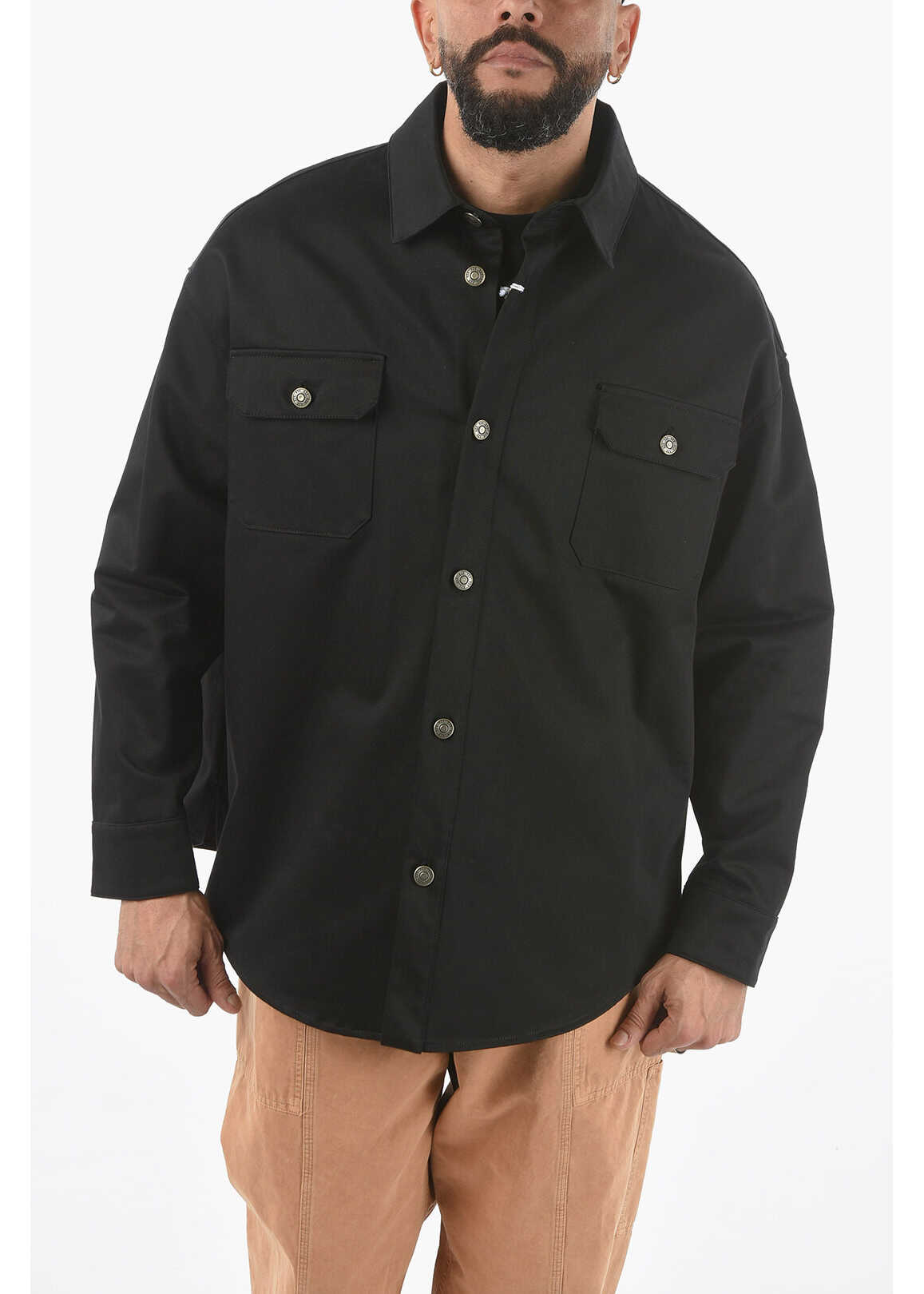 424 Cotton Overshirt With Double Breast Pocket Black