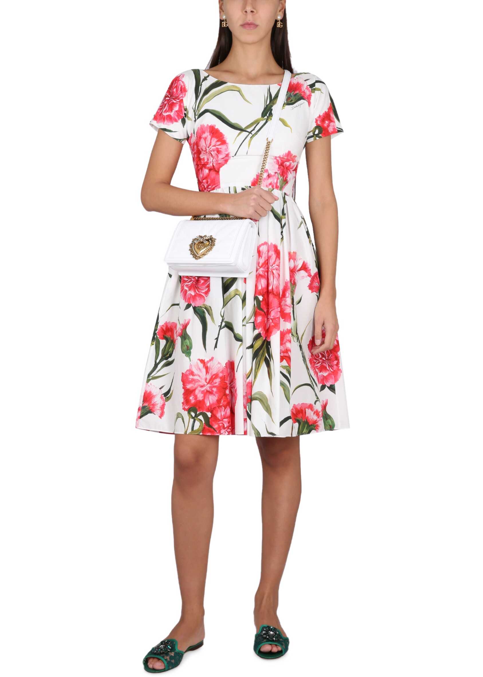 Dolce & Gabbana Longuette Dress With Carnation Print MULTICOLOUR