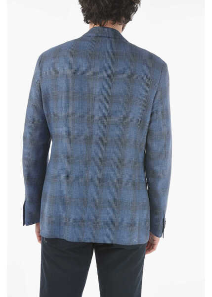 Sacouri elegante CORNELIANI District Check Virgin Wool And Flax Side Vents Notch Lapel G Blue Barbati (BM 9608864) 2