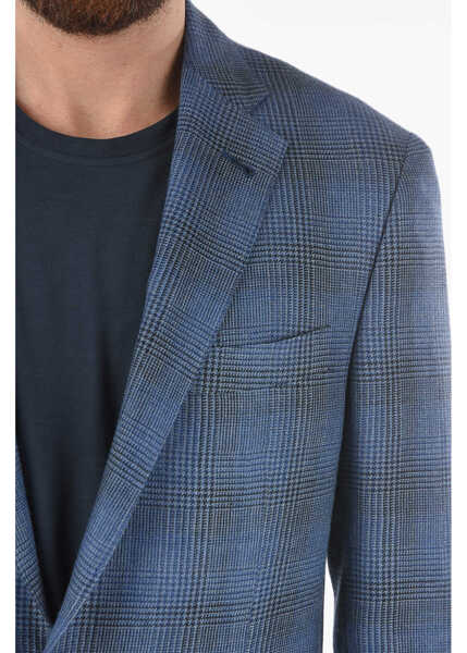 Sacouri elegante CORNELIANI District Check Virgin Wool And Flax Side Vents Notch Lapel G Blue Barbati (BM 9608864) 3