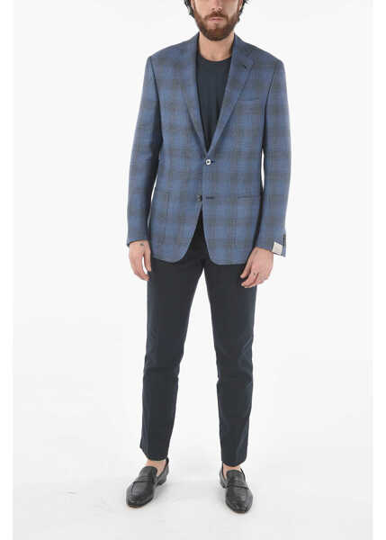 Sacouri elegante CORNELIANI District Check Virgin Wool And Flax Side Vents Notch Lapel G Blue Barbati (BM 9608864) 4