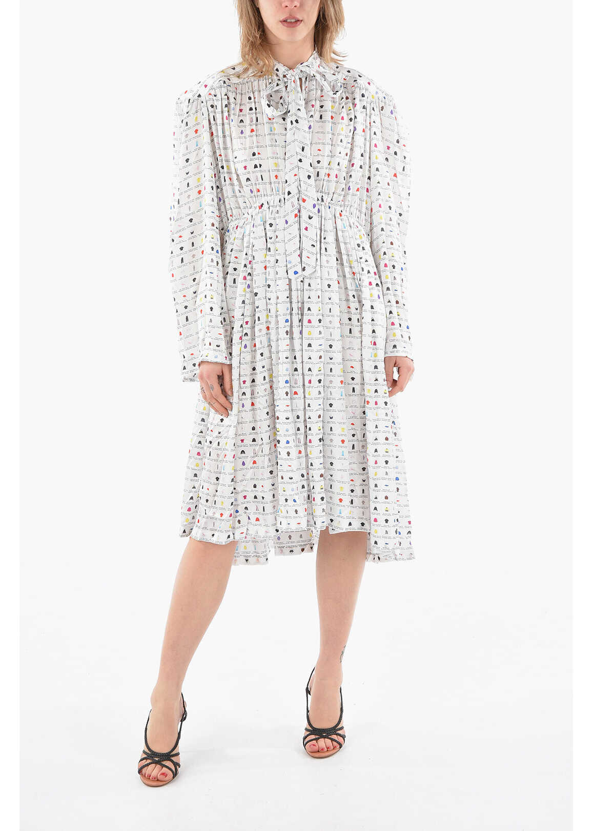 Balenciaga Ribbon Neck Printed Long Sleeved Dress White