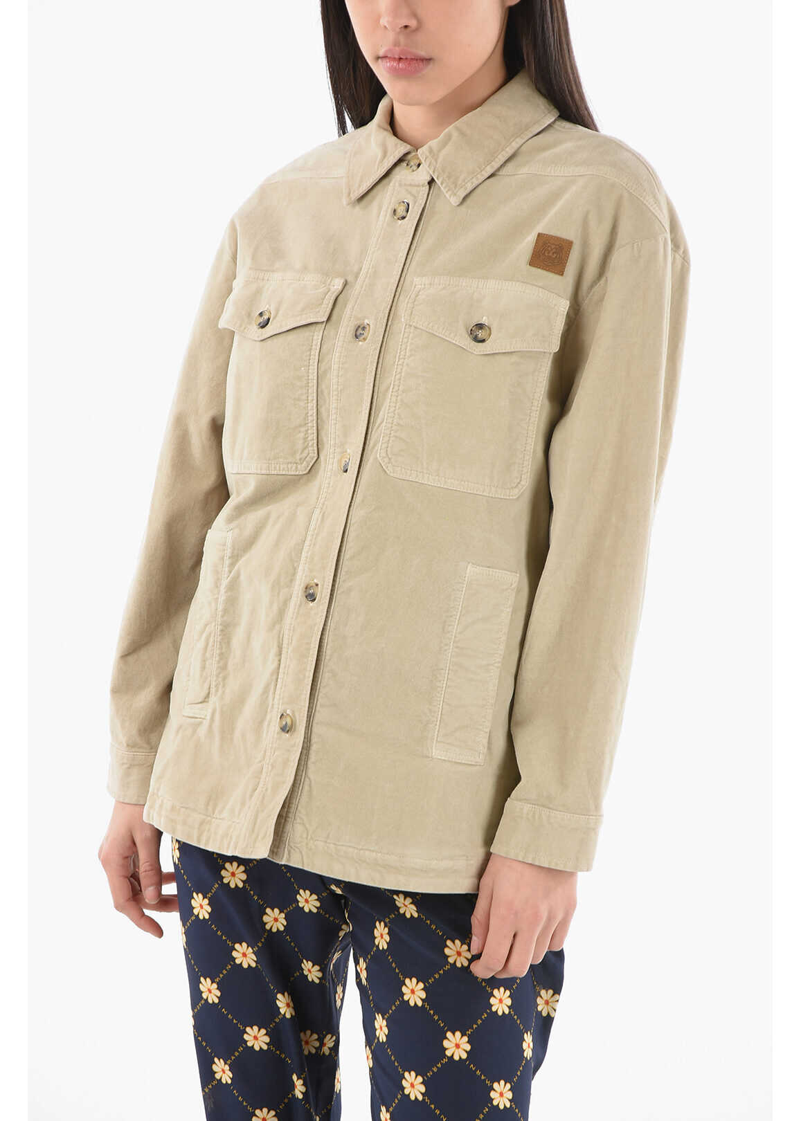 Kenzo Velour Saharian Overshirt With Tiger Crest Logo Patch Beige
