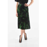 Fuste lungi Pleated Silk Greenbrushstroke Midi Skirt Femei