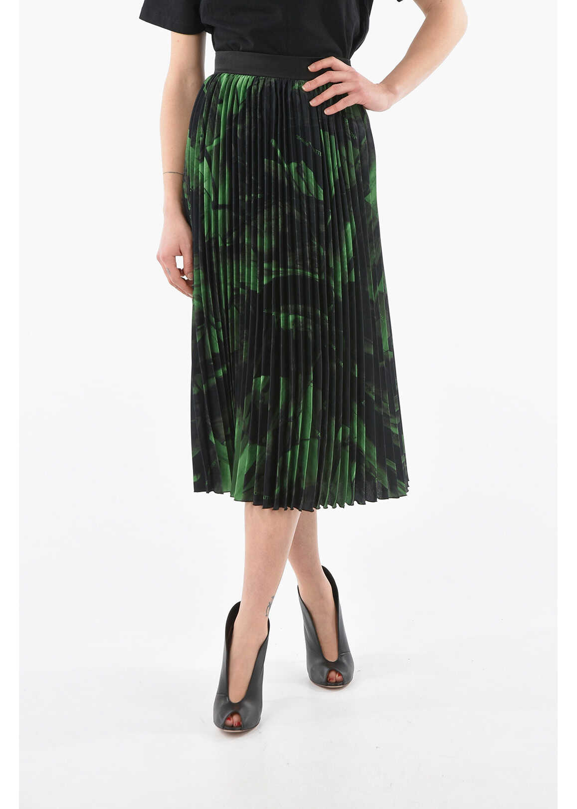 Off-White Pleated Silk Greenbrushstroke Midi Skirt Green