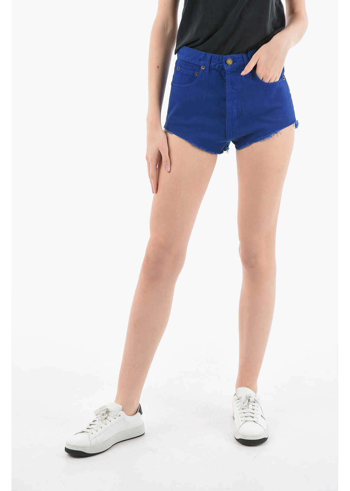 Saint Laurent Fringed High-Waisted Shorts With Buttoned Fastening Blue