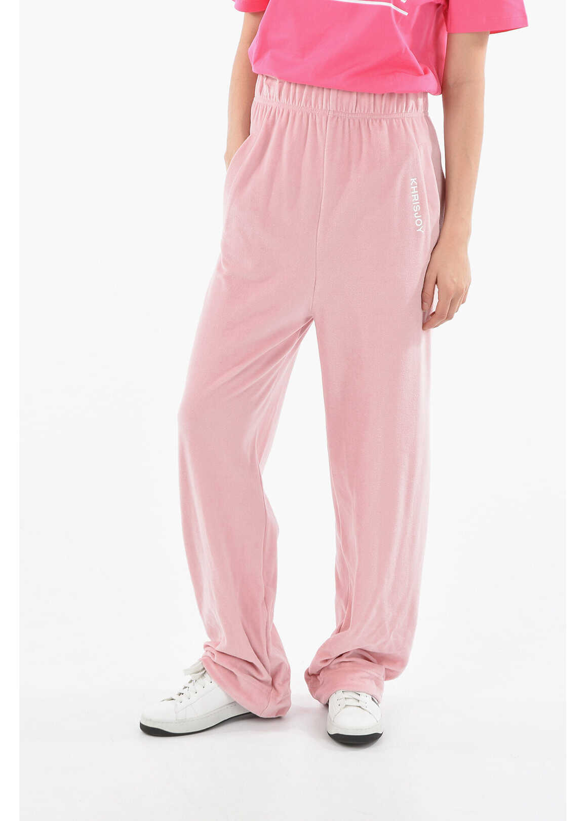 KhrisJoy High-Waisted Velour Joggers With Logo Print Pink