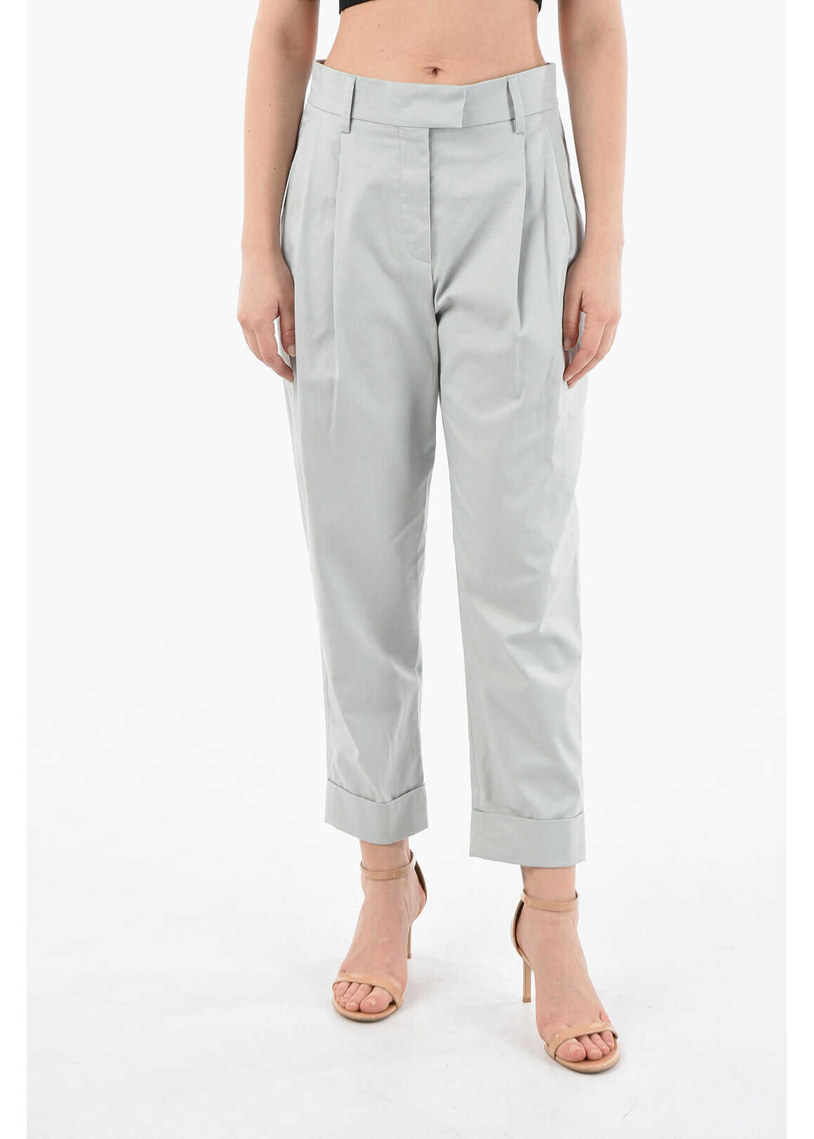 Brunello Cucinelli Pleated Cotton Trousers With Hooks Light Blue