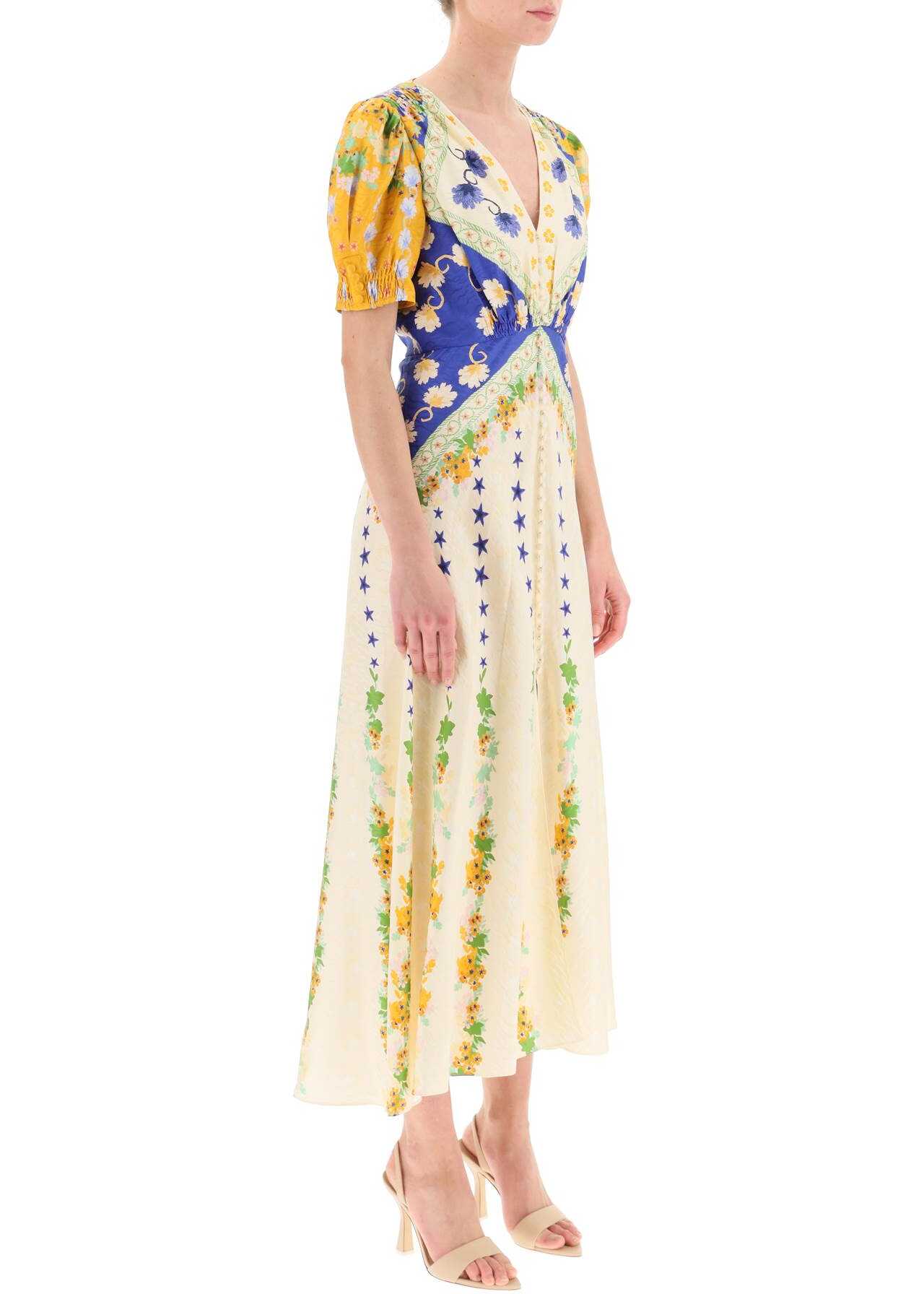 SALONI \'Lea\' Long Dress In Printed Silk FRESH LUPINS PLMT
