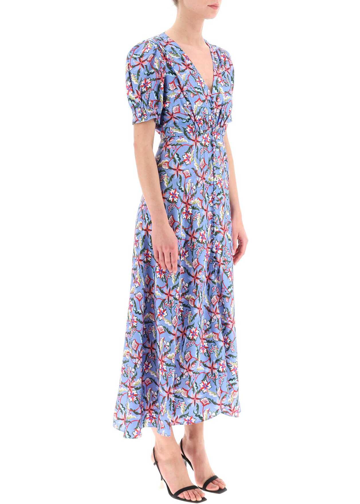 SALONI \'Lea\' Long Dress In Printed Silk FREESIA SKY