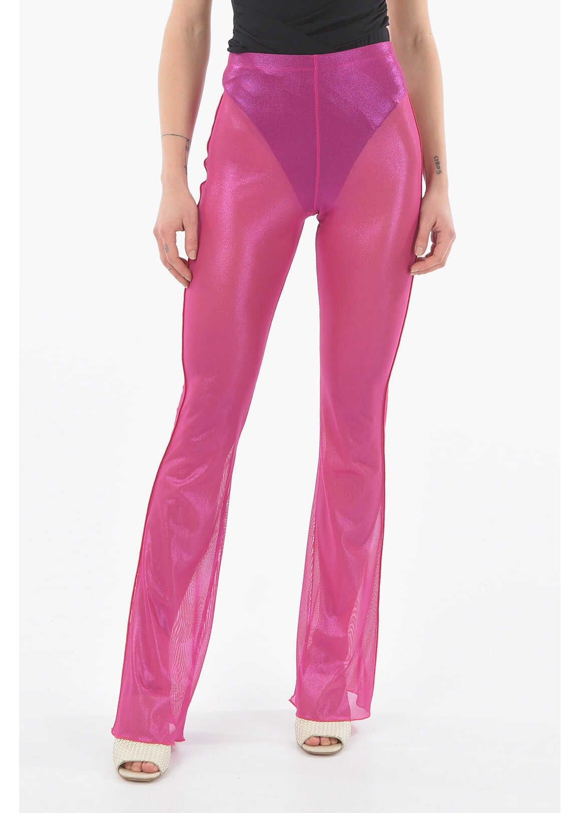 OSEREE Laminated Mesh Fabric Boot Cut Leggings Pink