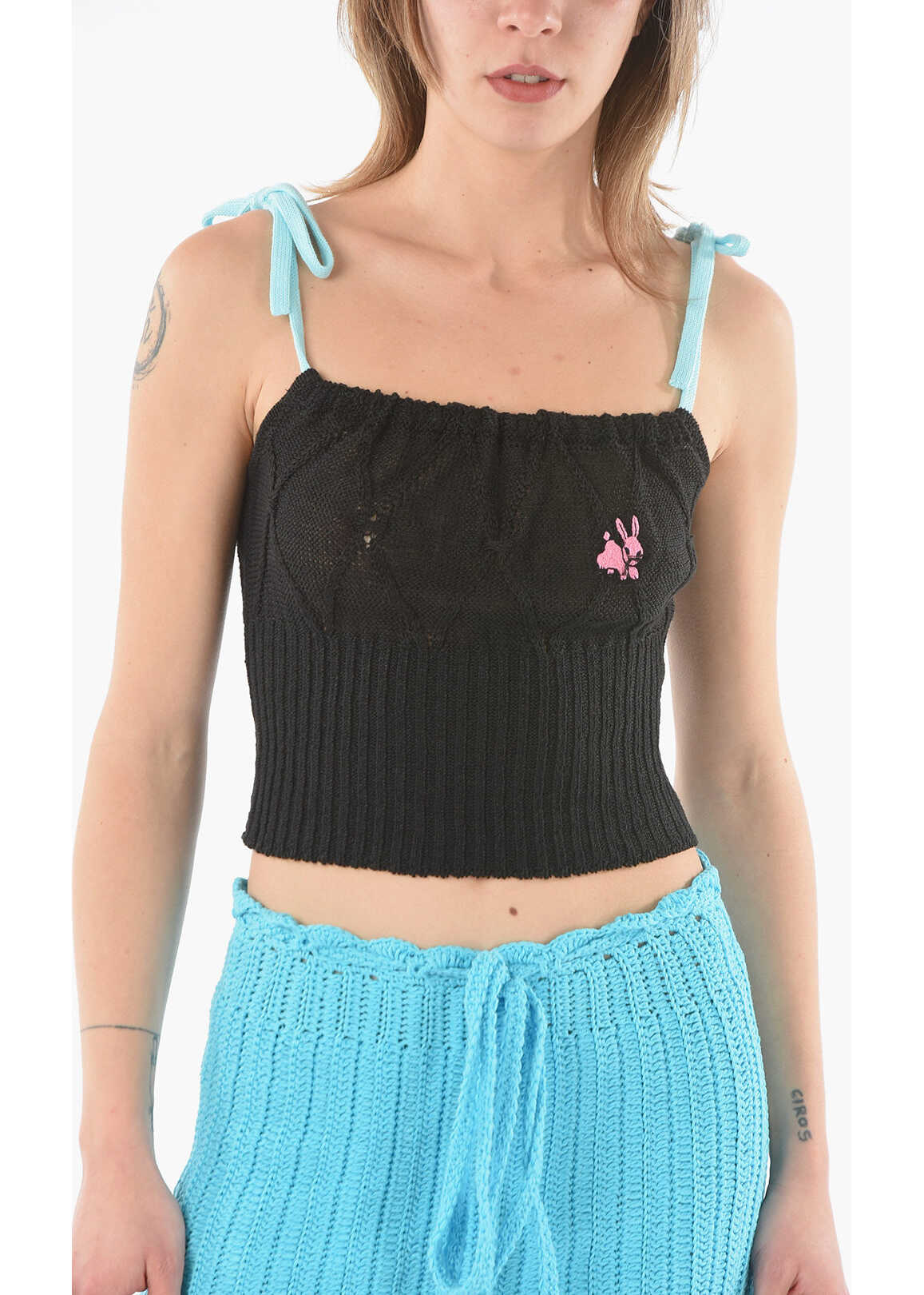 CORMIO Argyle Crop Top With Knotted Straps Black