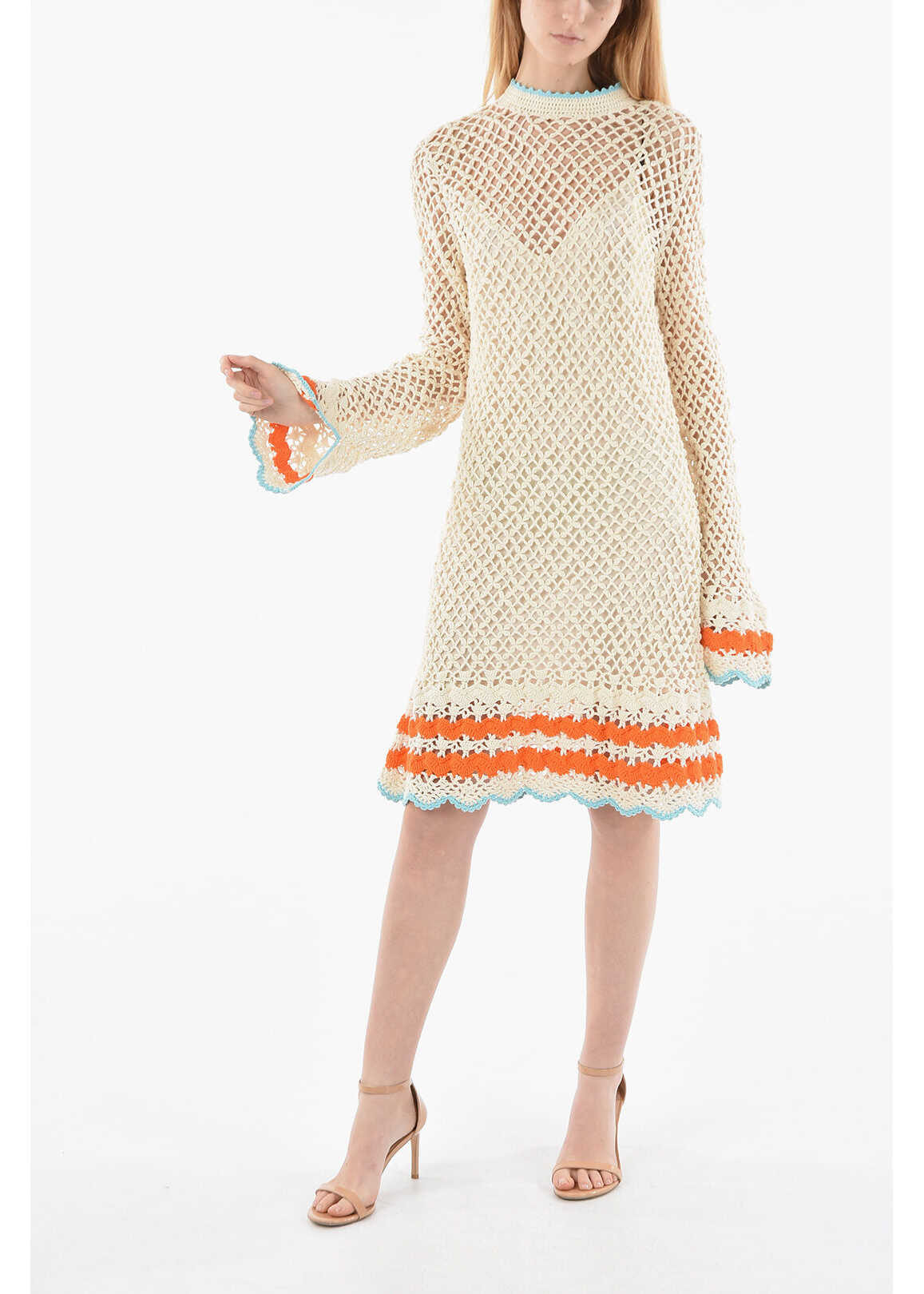 SPORTMAX Long Sleeve Perforated Knitted Dress Beige