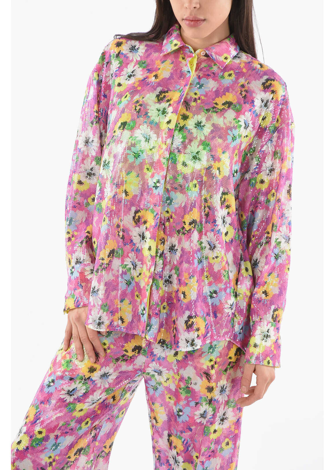 MSGM Asymmetric Shirt With Floral Print And Sequins Pink