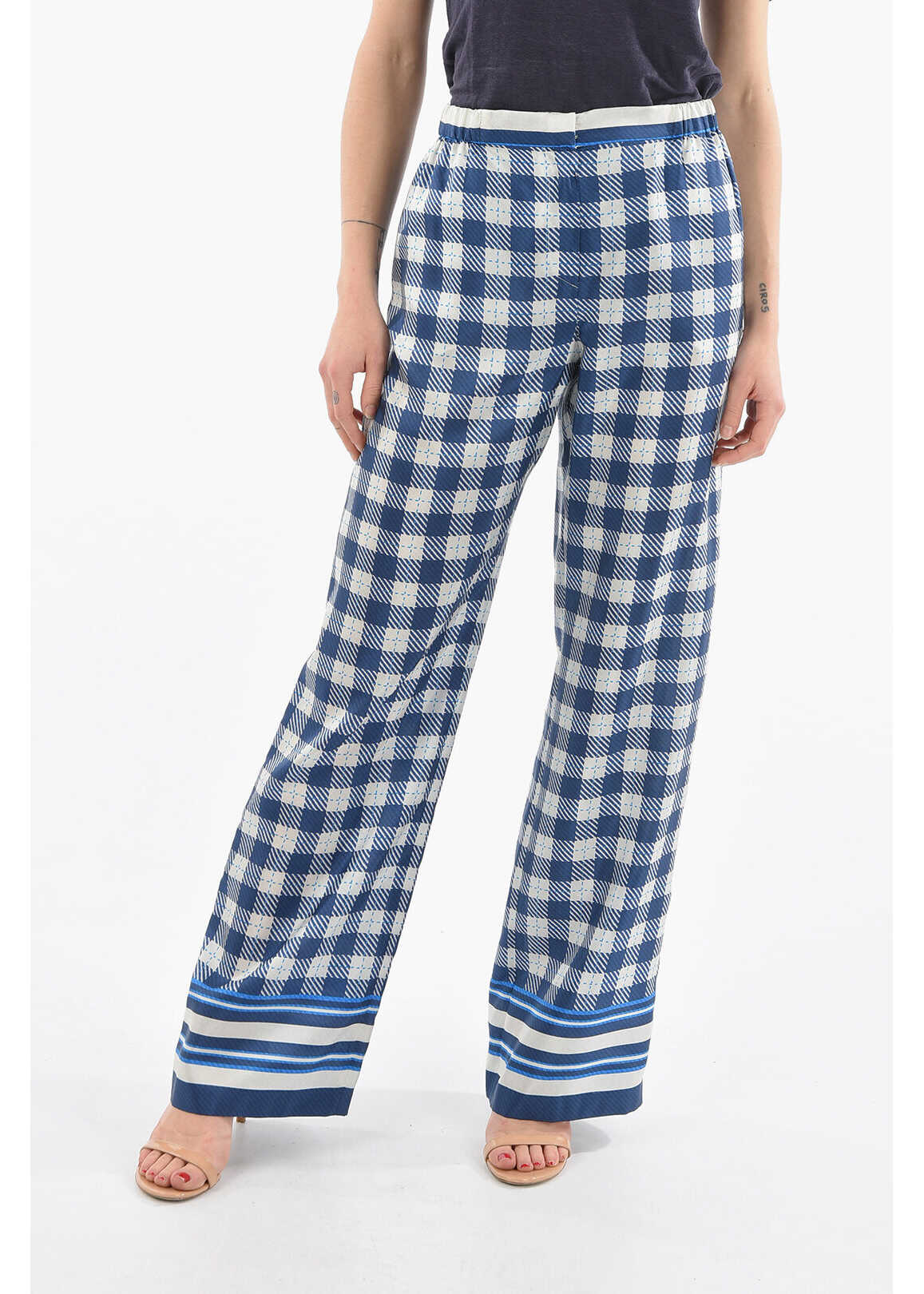 Alberta Ferretti Checkered Motif Silk Pants Blue