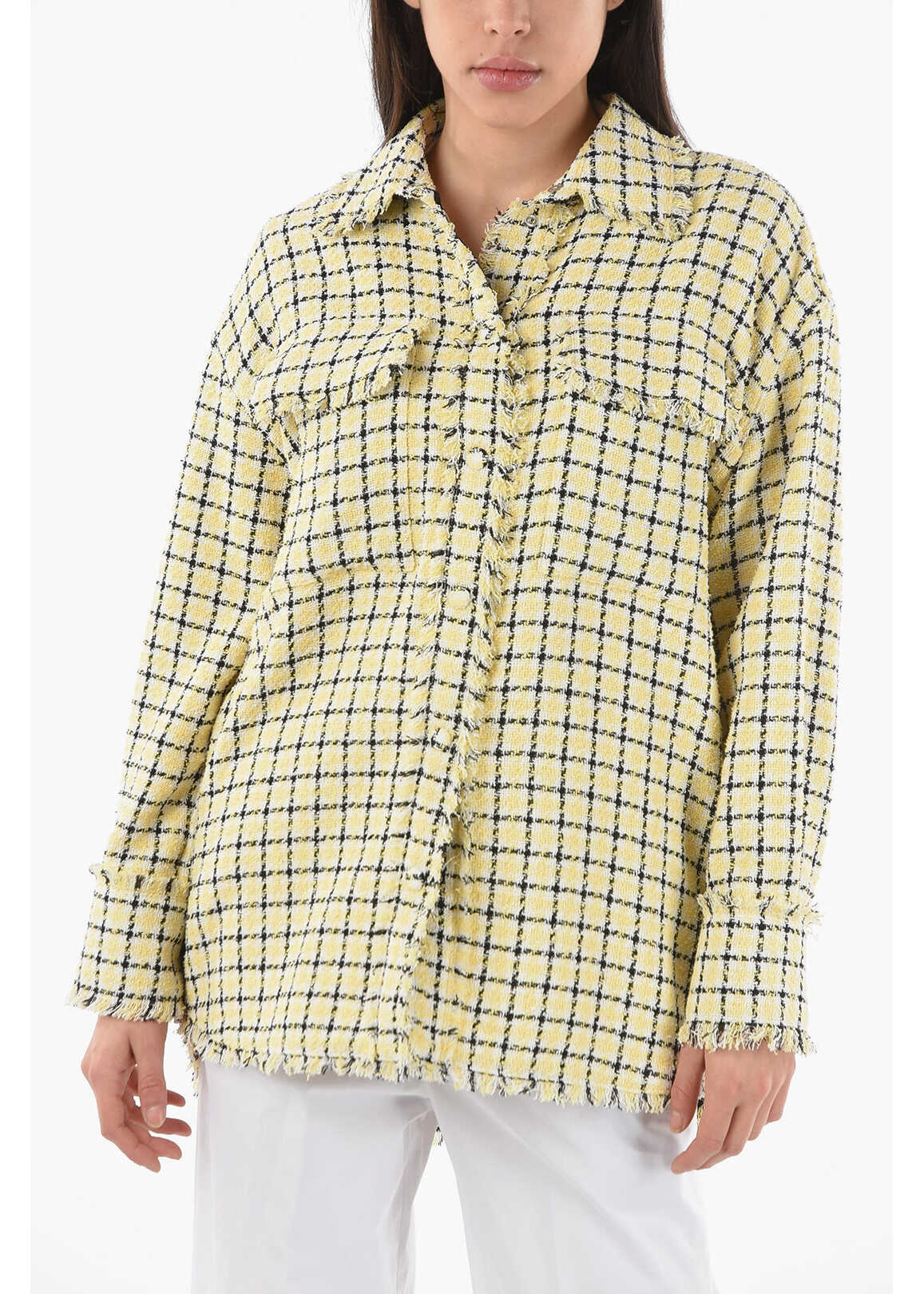 MSGM Checkered Overshirt With Fringed Bottom Yellow