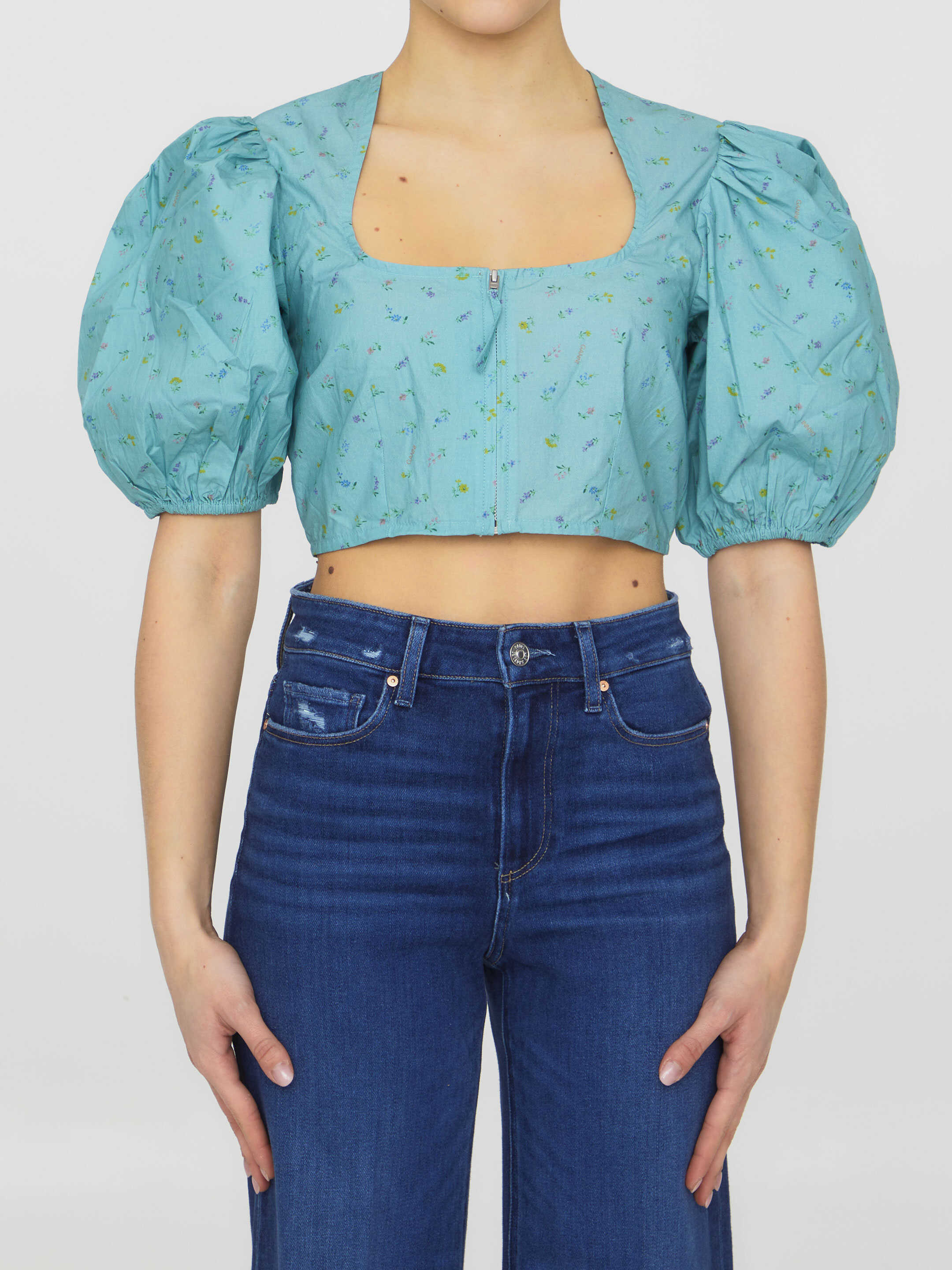 Ganni Floral-Print Top TURQUOISE