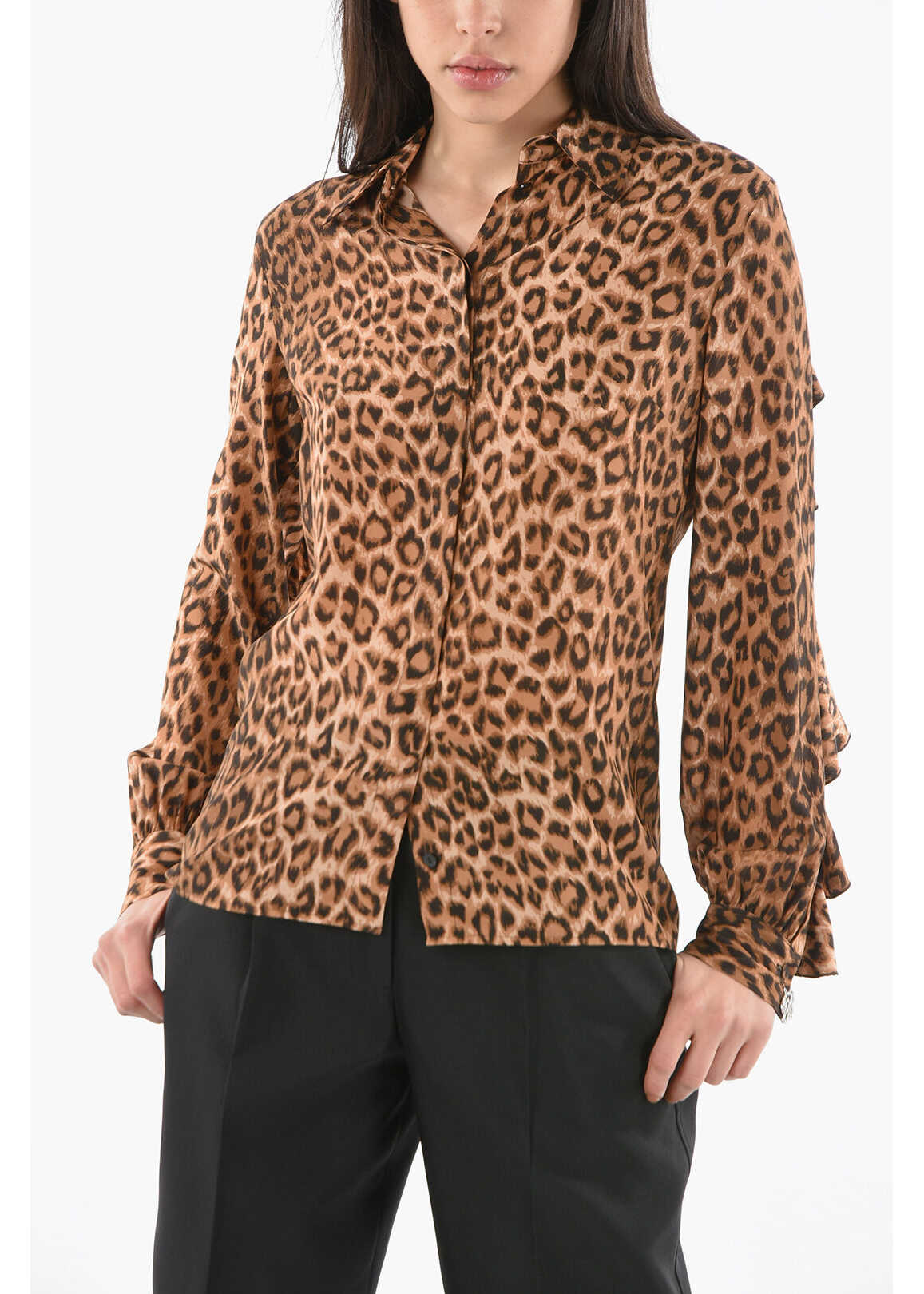Blumarine Leopard-Printed Silk Shirt With Ruffle Detailing Brown