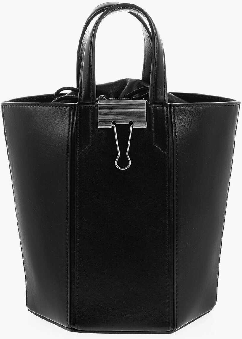 Off-White Drawstringed Leather Bucket Bag With Metallic Blinder Clip Black