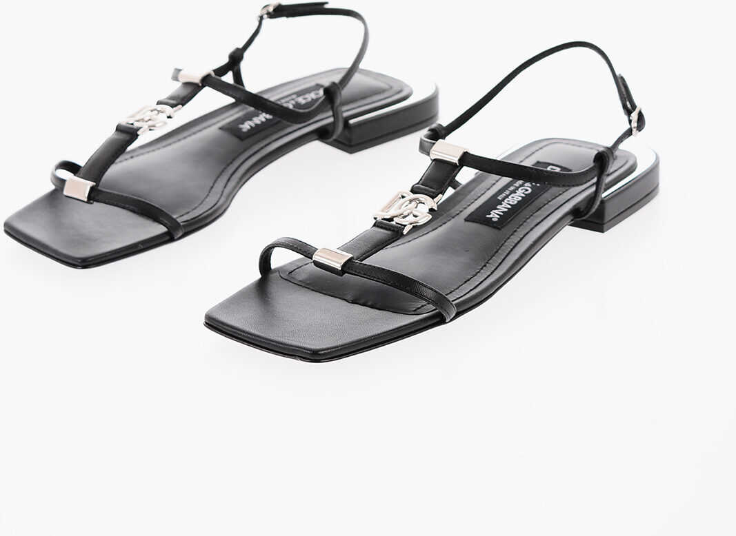 Dolce & Gabbana Leather Square Toe Sandals With Silver Logo Black