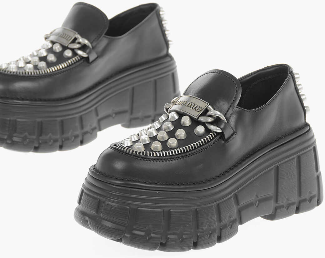 Miu Miu Studded Detail Leather Platform Loafers Black