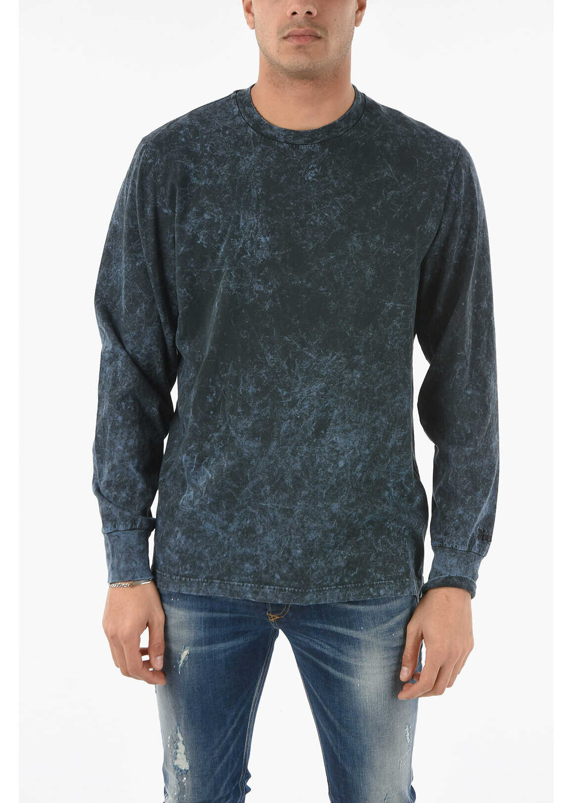 Diesel Acid Wash Effect Long Sleeve T-Glyn Crew-Neck T-Shirt Blue