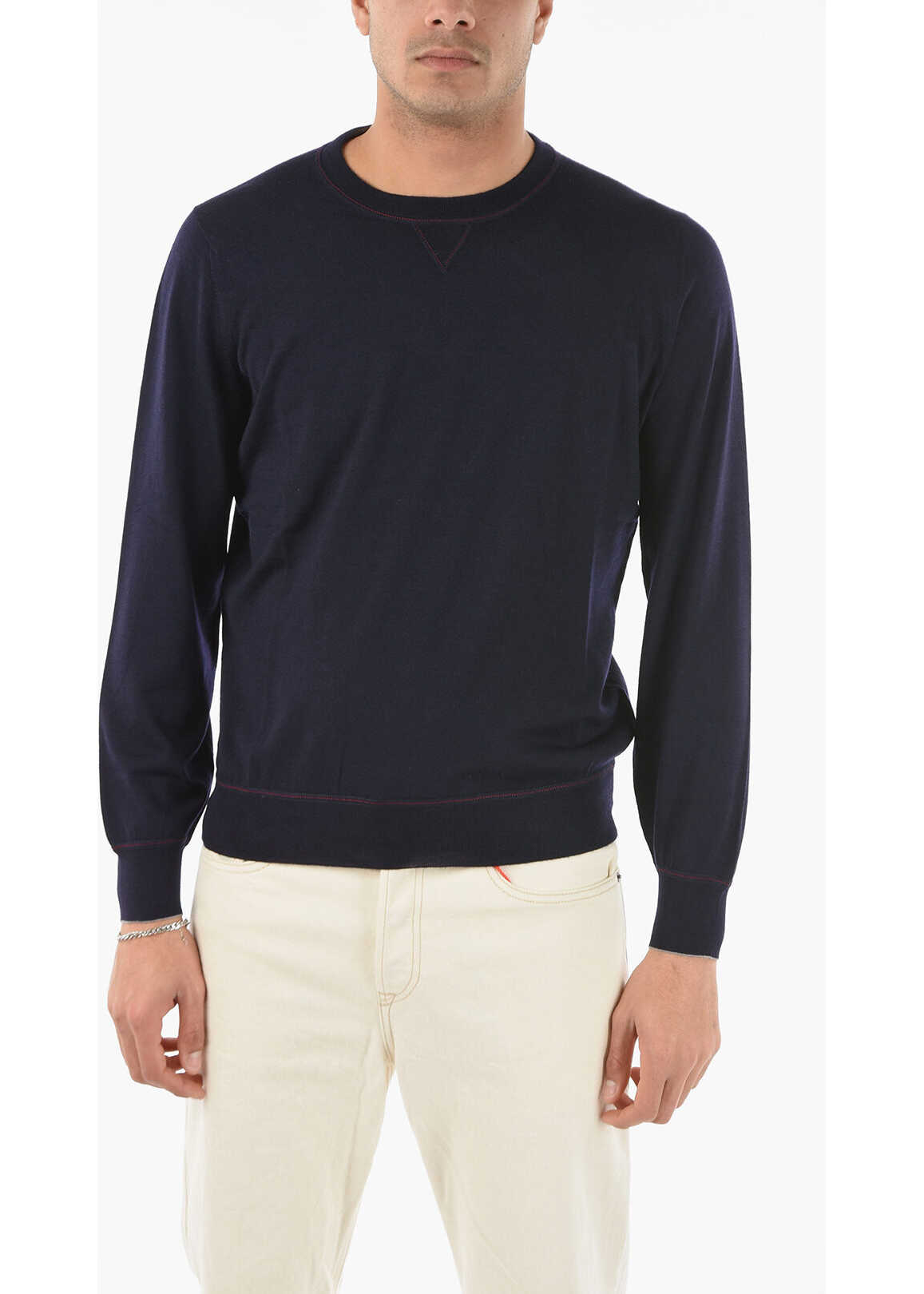 Brunello Cucinelli Crew Neck Cashmere Blend Sweater With Visible Stitchings Blue