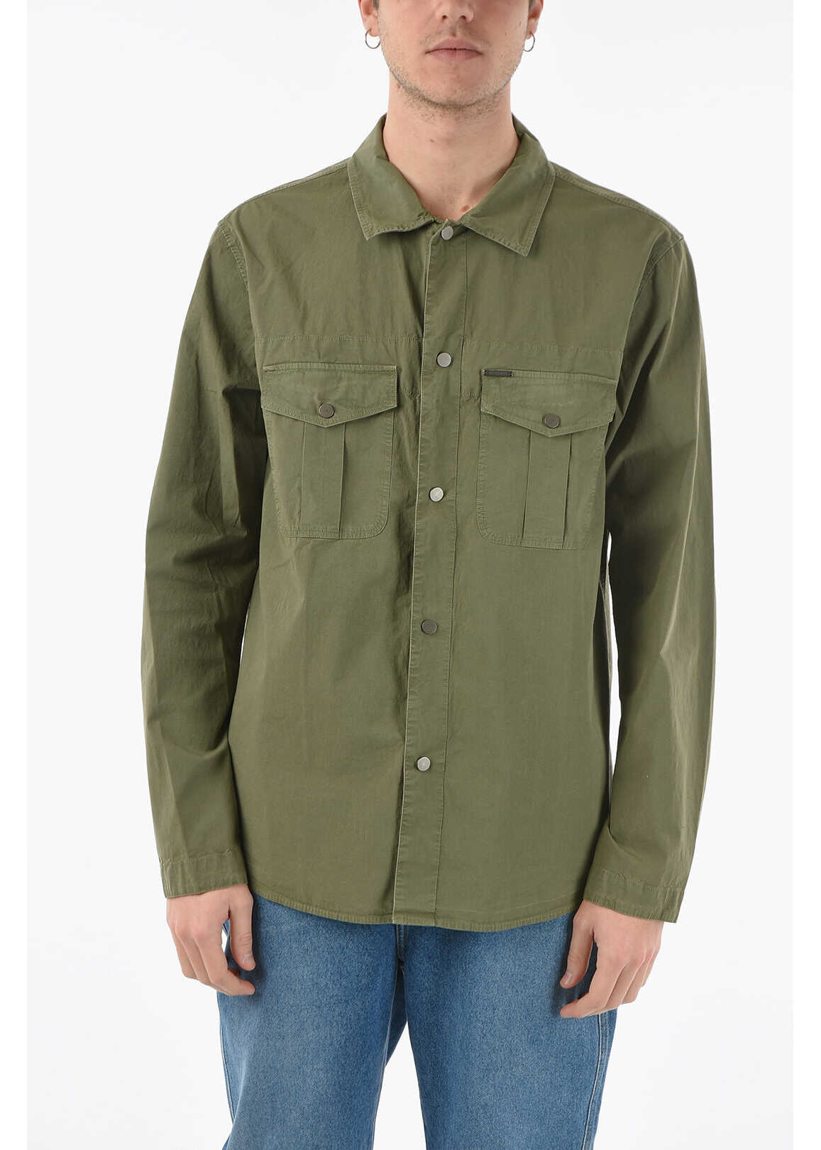 Peserico Stretch Cotton Shirt With Double Breast Pocket Military Green