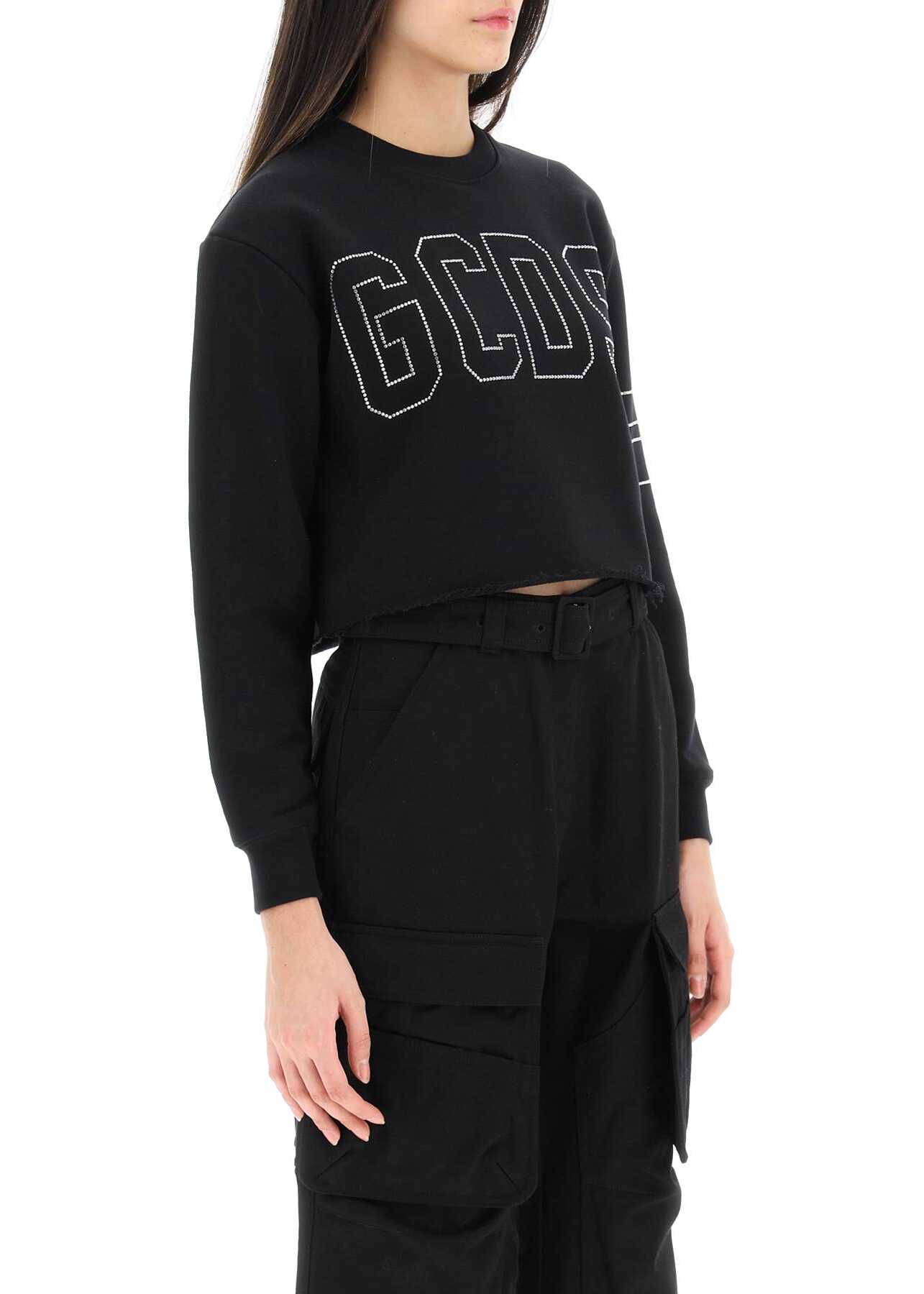 GCDS Cropped Sweatshirt With Rhinestone Logo BLACK