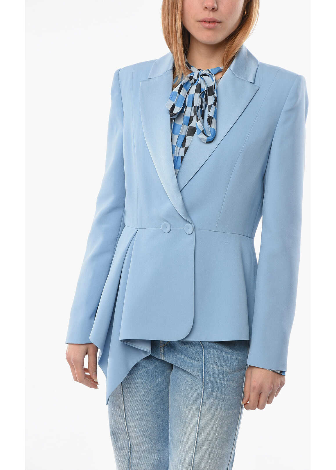 Alberta Ferretti Satin Lapel Slim Fit Blazer Light Blue