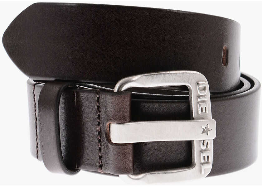 Diesel Solid Color Leather B-Star Belt With Silver Buckle 35Mm Brown