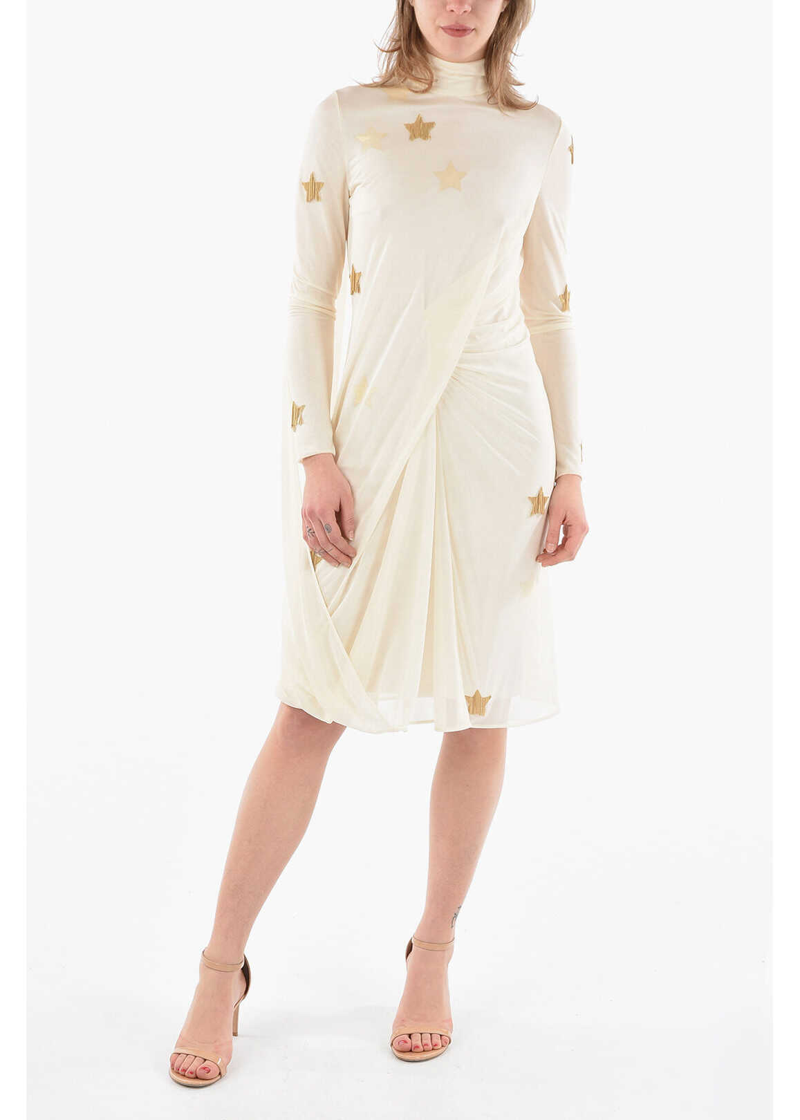 Burberry Silk-Satin Draped Midi Dress Detailed With Gold-Toned Stars White