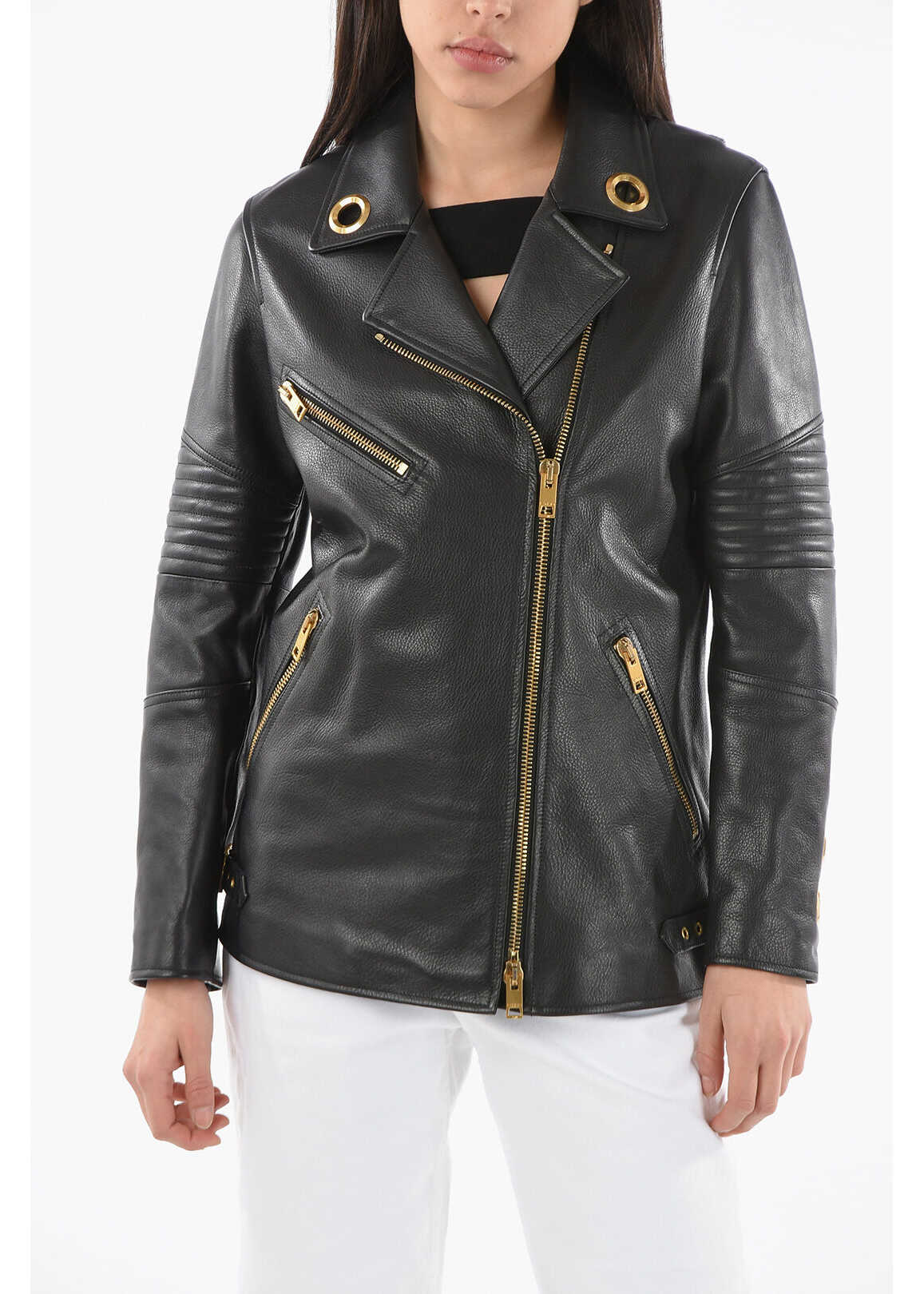 ETRO Grained-Leather Oversized Biker Jacket With Gold-Toned Hardw Black