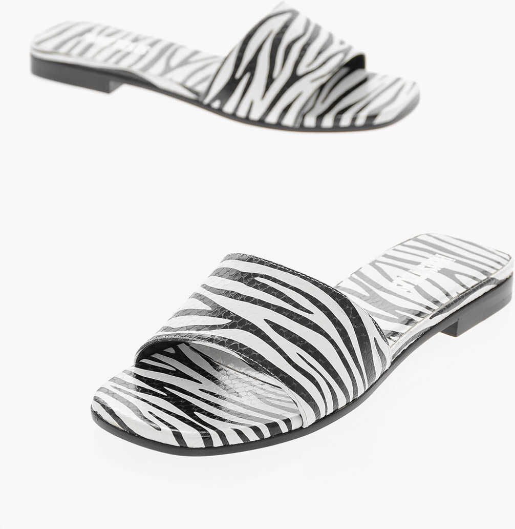 Paris Texas Python Effect Calfskin Rosa Slides With Zebra Motif And Logo Black & White