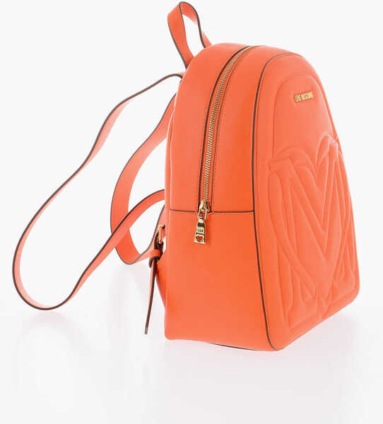 Rucsacuri Moschino Love Solid Color Faux Leather Backpack With Golden Logo Orange Femei (BM 9787331) 2