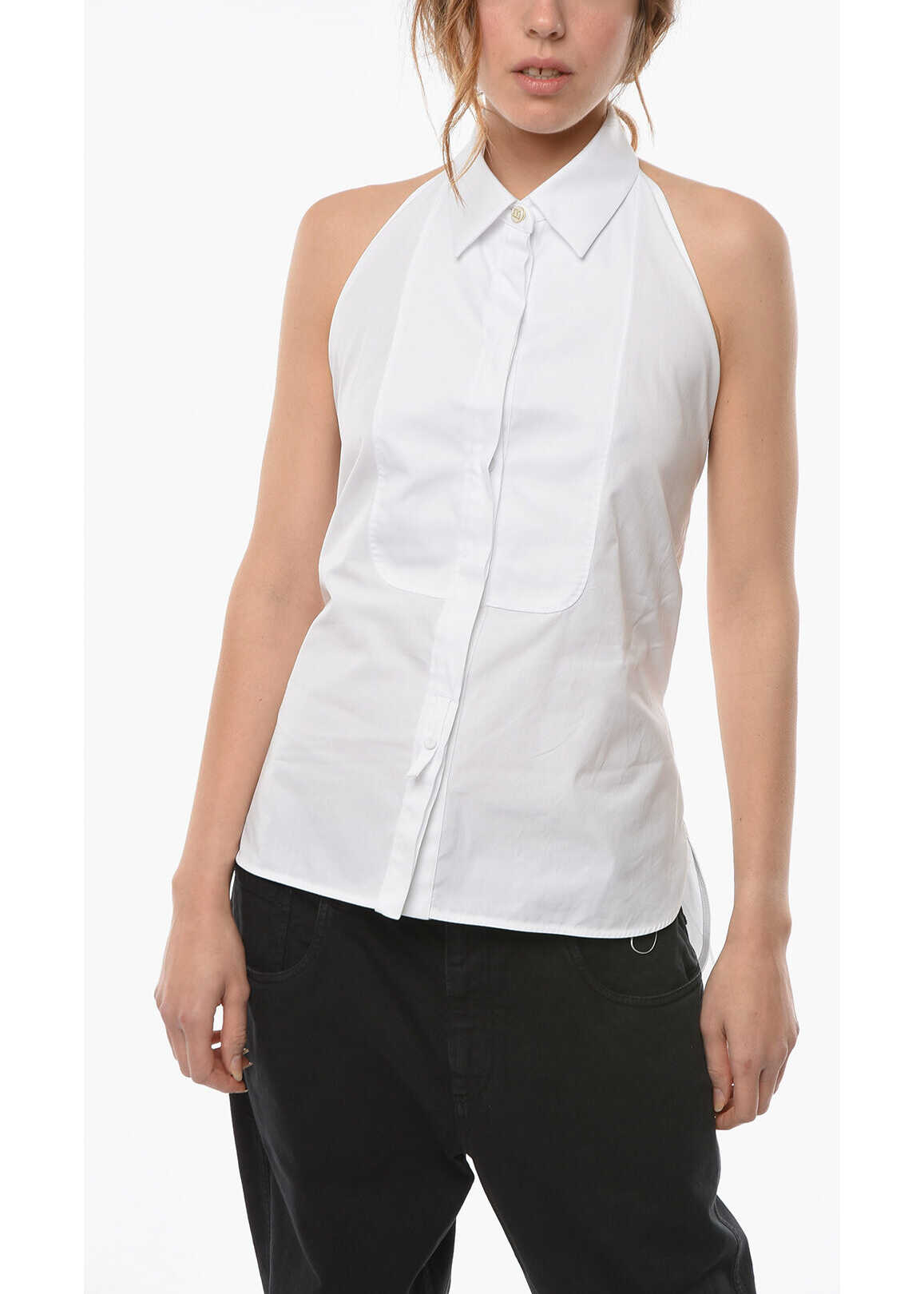Max Mara Cotton-Poplin Rupia Open-Back Shirt Top With Self-Tie Strap White