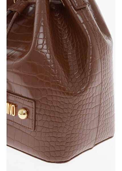 Genti de mana Moschino Love Crocodile Effect Faux Leather Bucket Bag With Maxi Logo Brown Femei (BM 9789587) 4
