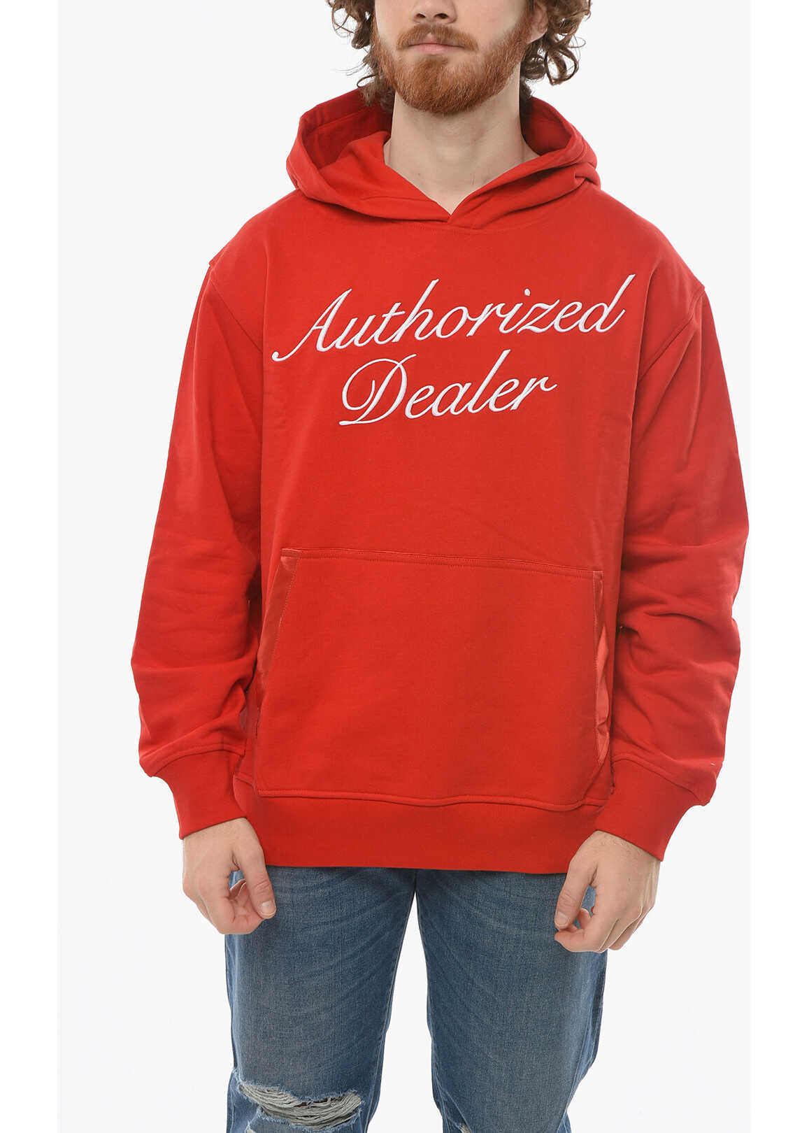 JUST DON Embossed Embroidered Cotton Hoodie Red