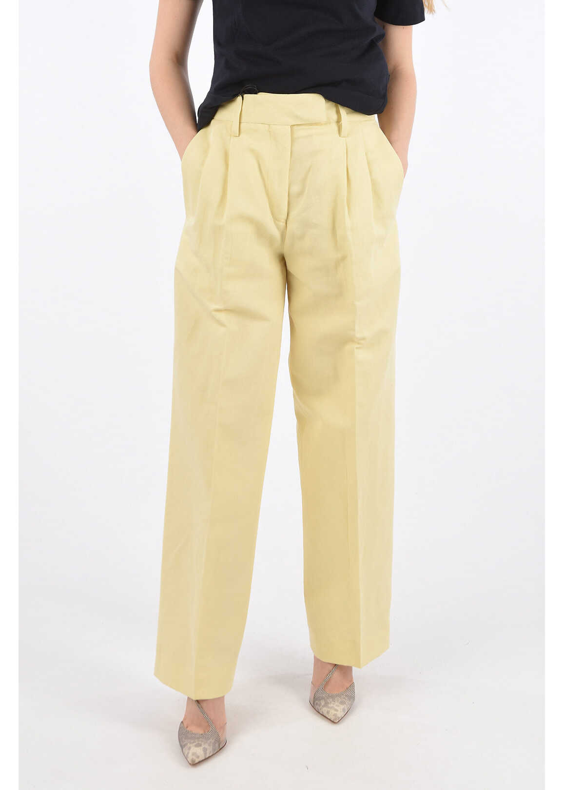 REMAIN High Waist Linen And Cotton Camino Double Pleated Pants Yellow