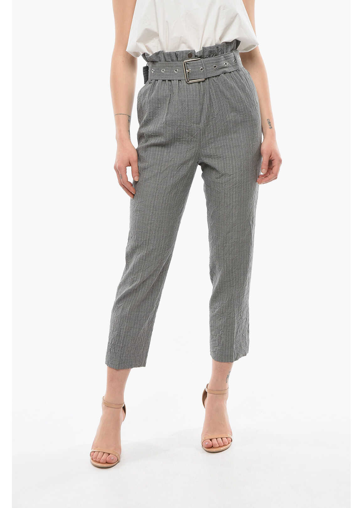 Michael Kors Collection Pinstripe Paperbag Pants With Belt Gray