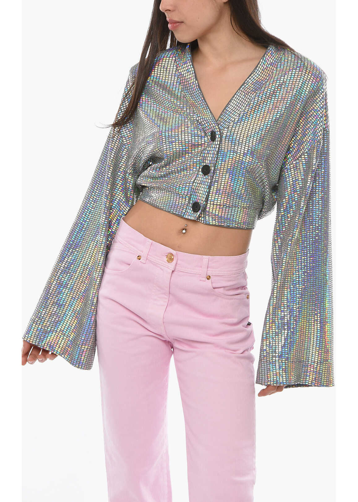 ROTATE Birger Christensen Holographic Effect Kristinia Cropped Cardigan Silver