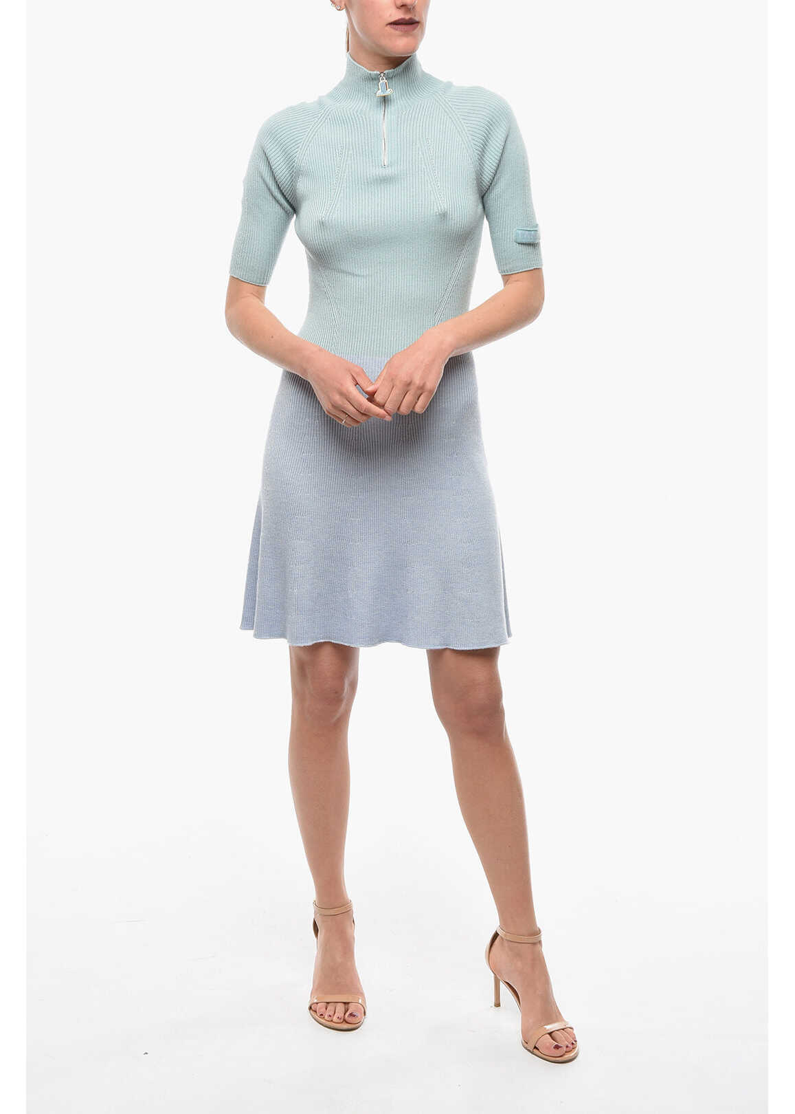 Lanvin Two Tone Cashmere And Silk Knitted Dress With Half Zip Light Blue