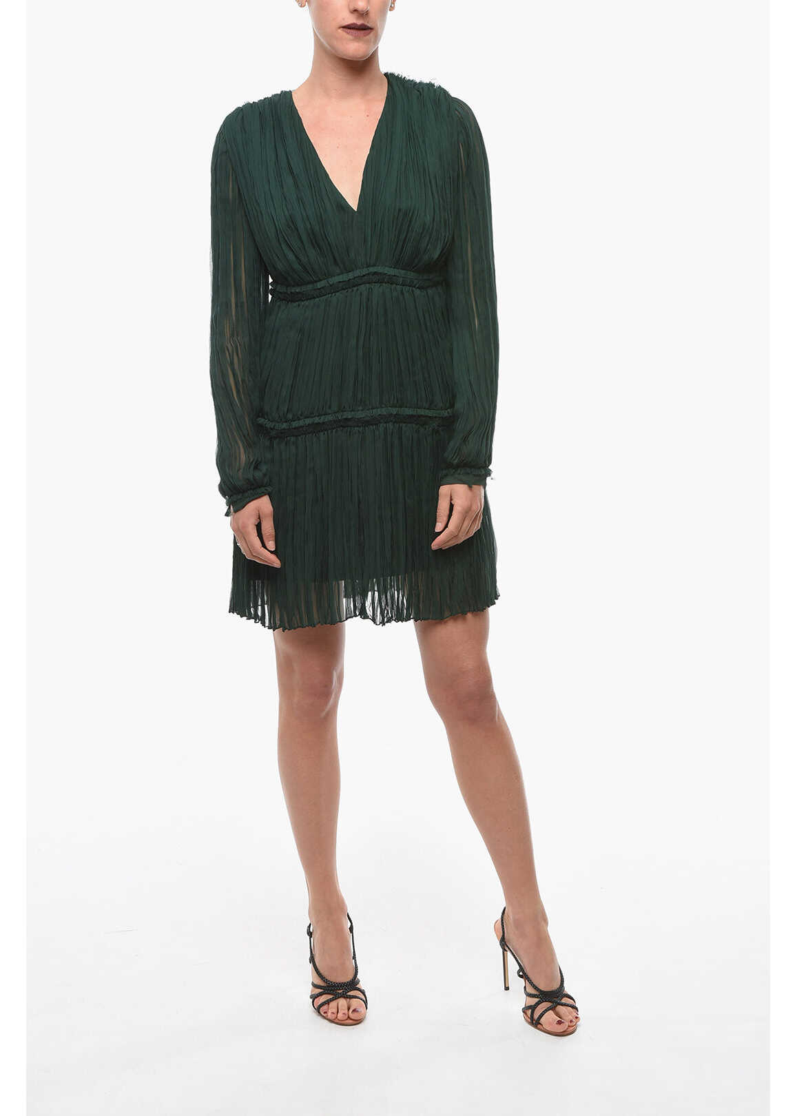 Lanvin V Neck Silk Accordion Dress Green