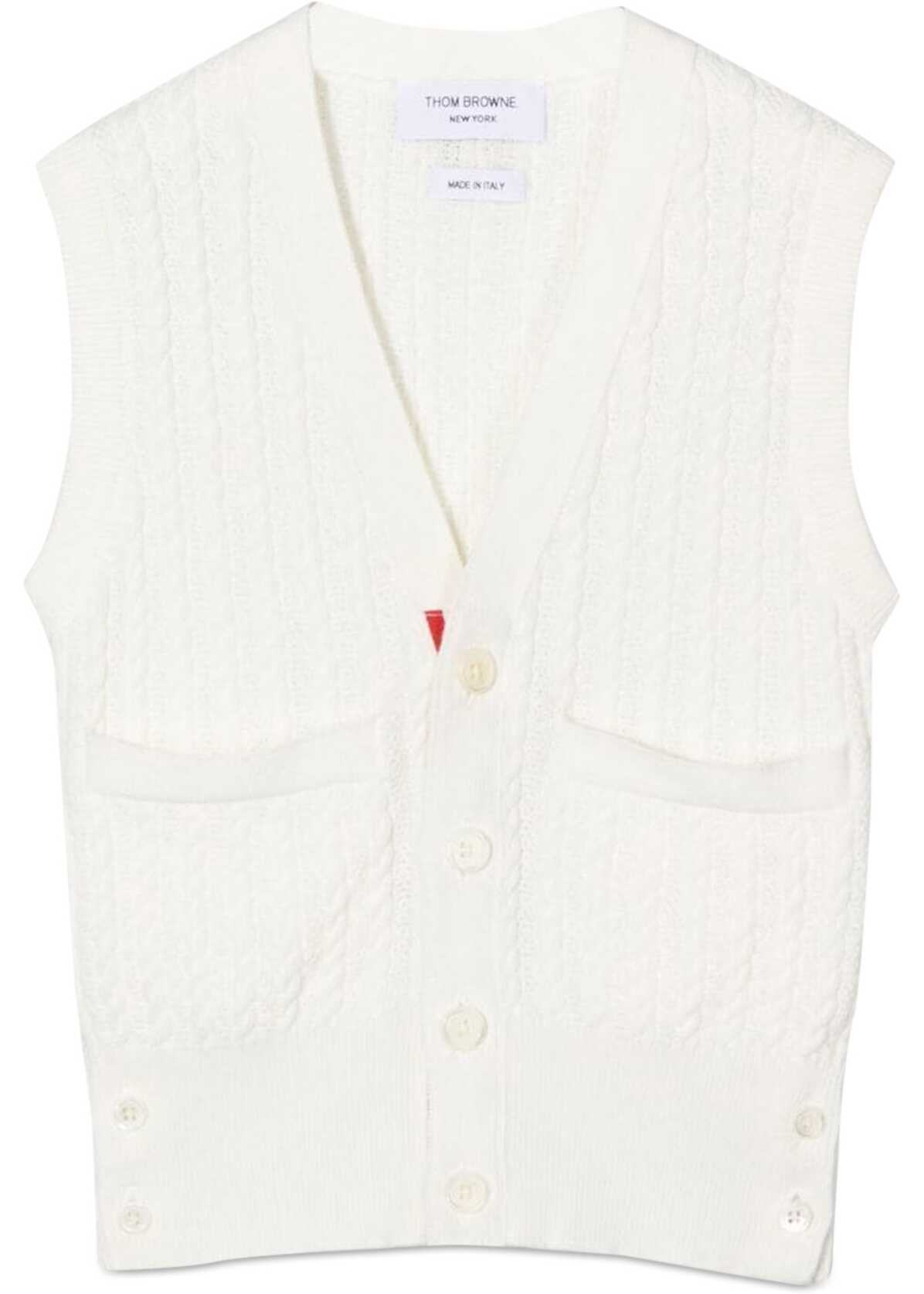 Thom Browne V Neck Baby Cable Cardigan Vest WHITE