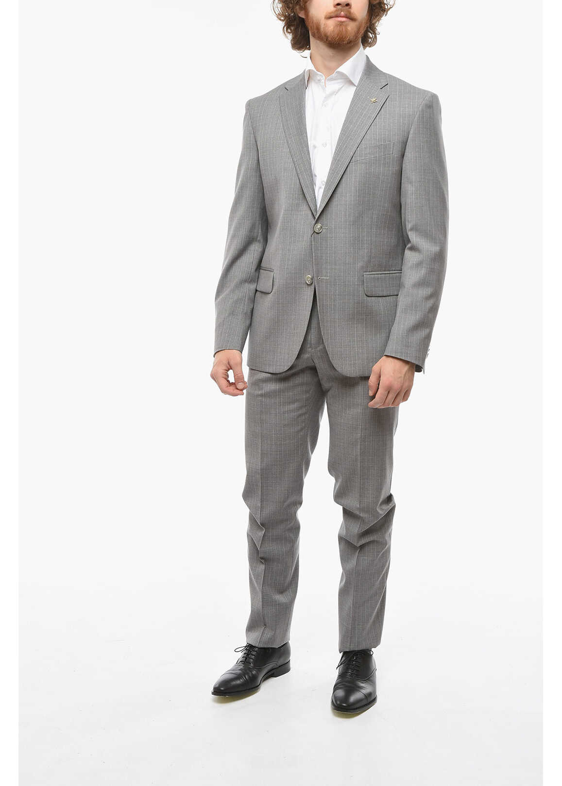 CORNELIANI Cc Collection Flap Pocket Right Pinstriped Suit Gray b-mall.ro