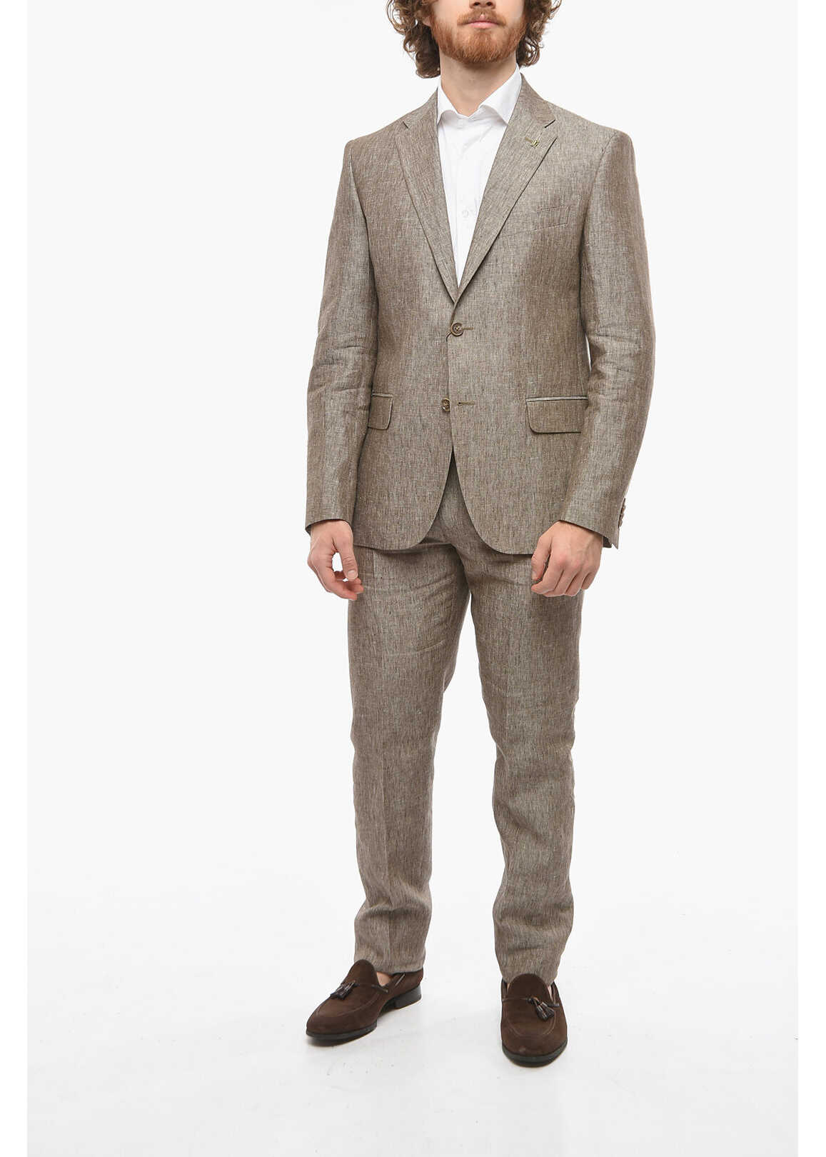 CORNELIANI Cc Collection Notch Lapel Right Pure Linen Suit Beige b-mall.ro