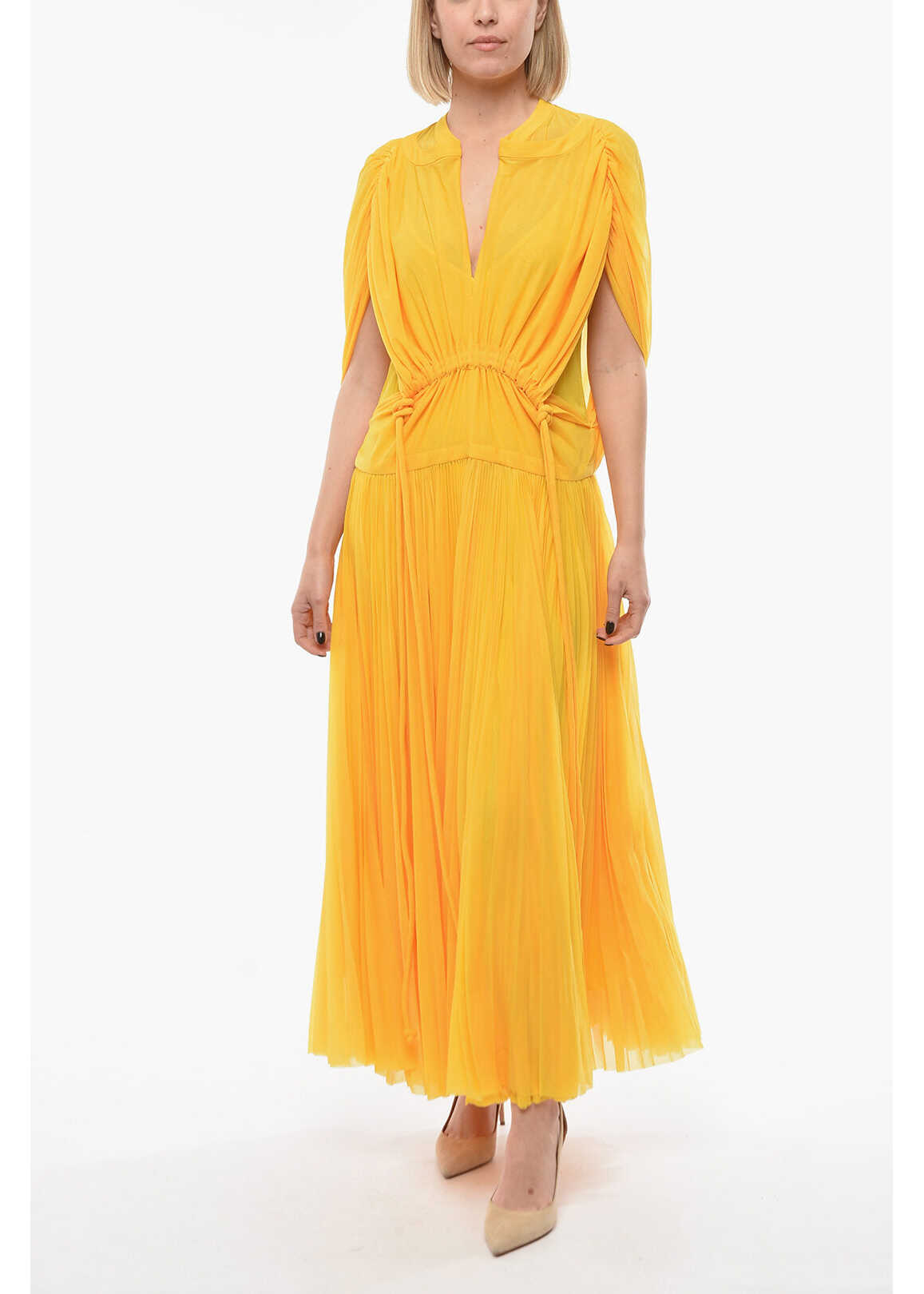 Proenza Schouler Cape Sleeve Sheer Dress With Pleated Skirt Yellow