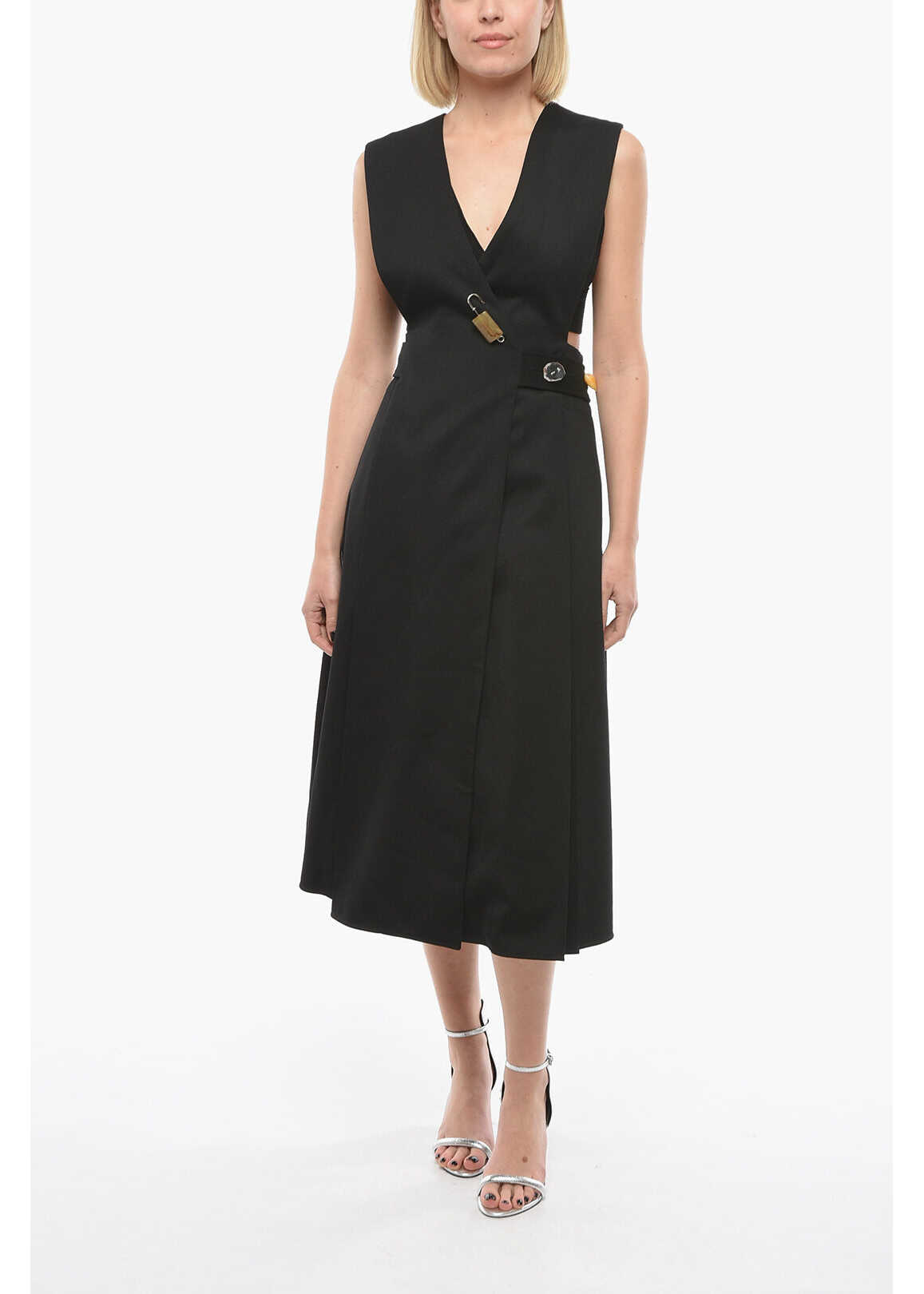 Proenza Schouler Wool-Twill V-Neck Wrap-Around Dress With Stone-Embellishment Black